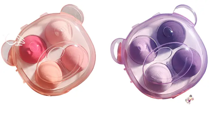4-Piece Makeup Sponge Set With Bear-Shaped Storage Case – Pink & Purple Combo 1