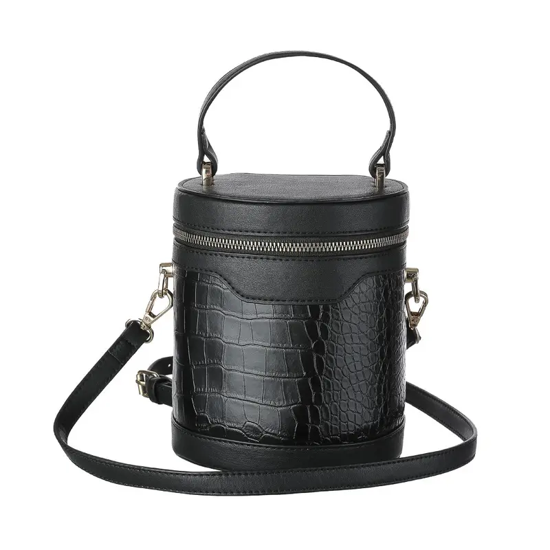 Barrel-Shaped Stone-Texture Crossbody Handbag – Minimalist Black Design 1