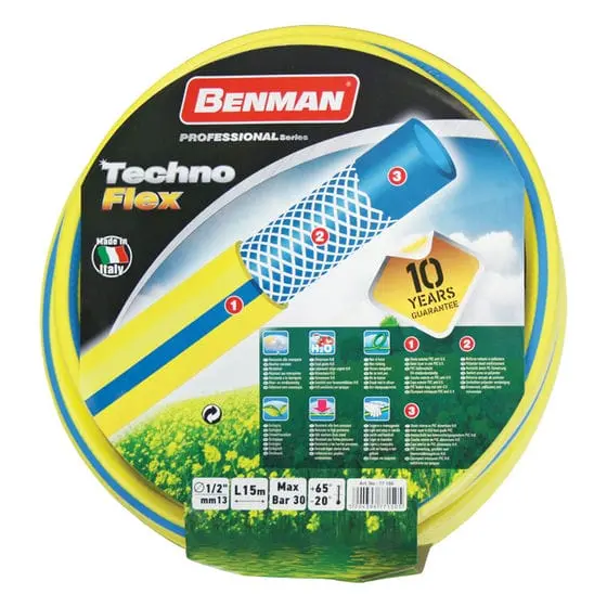 Benman Technoflex 50-Metre Reinforced Garden Hose – Yellow Uv-Resistant Coil 1