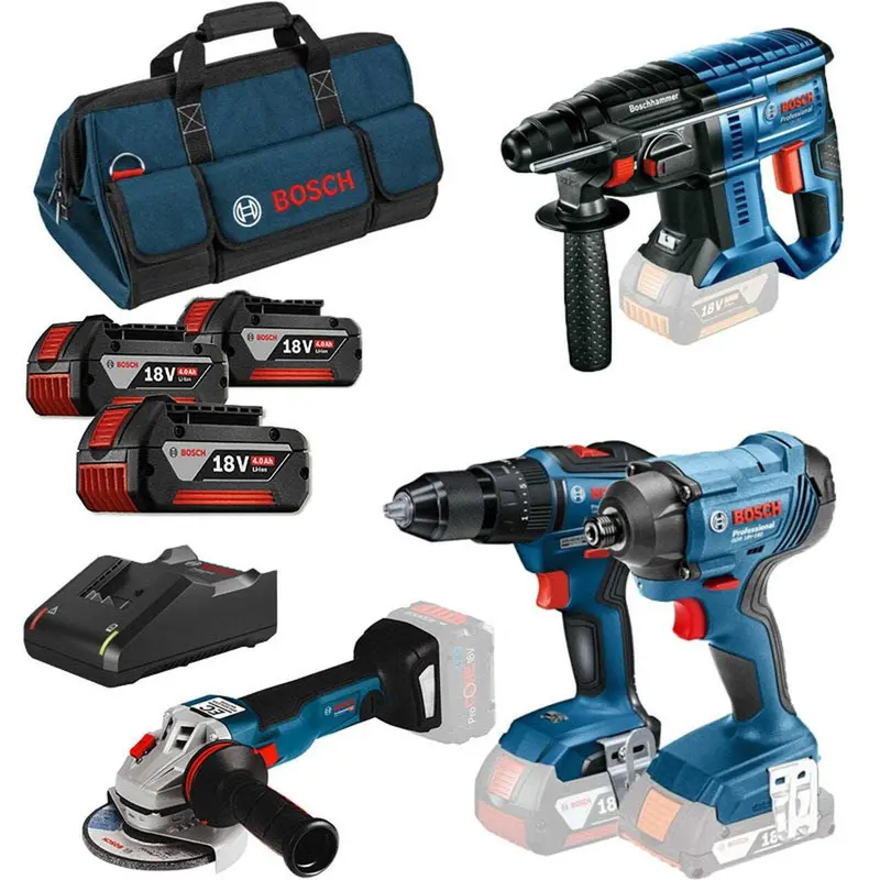 Bosch 18V Brushless Cordless Power Tool Kit – 4-Piece Set With Three 4.0Ah Batteries 1
