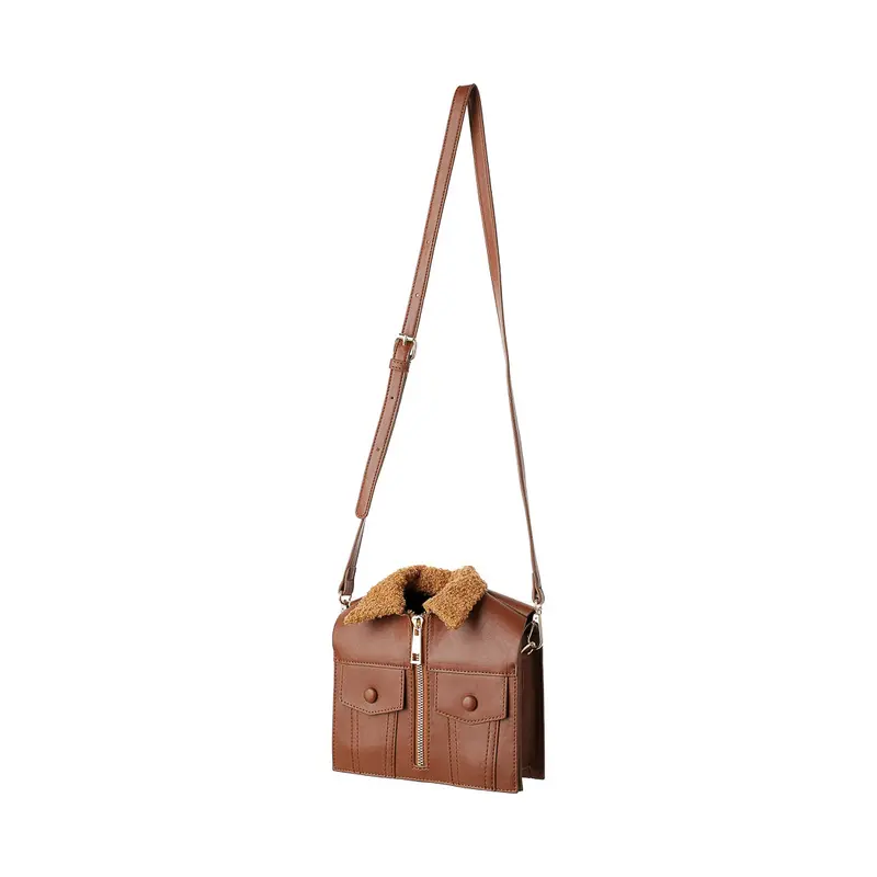 Brown Lamb-Texture Crossbody Bag – Jacket-Inspired Design 1