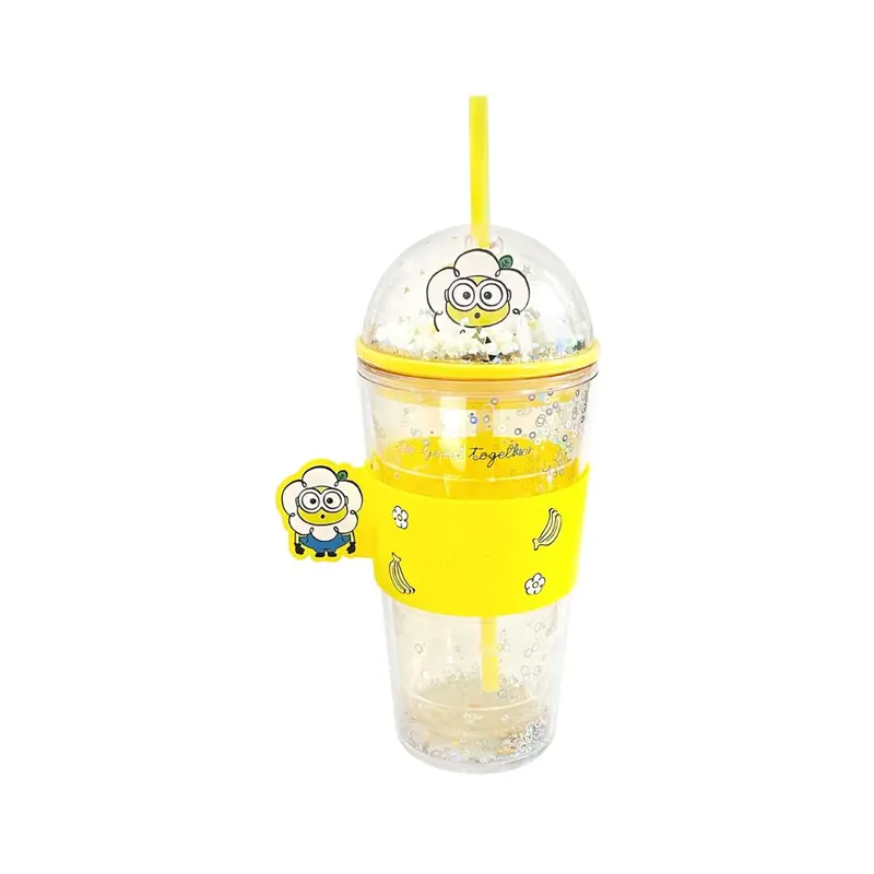 Daisy Minions Themed Plastic Drink Bottle With Straw & Sleeve – 420 Ml, Yellow 1