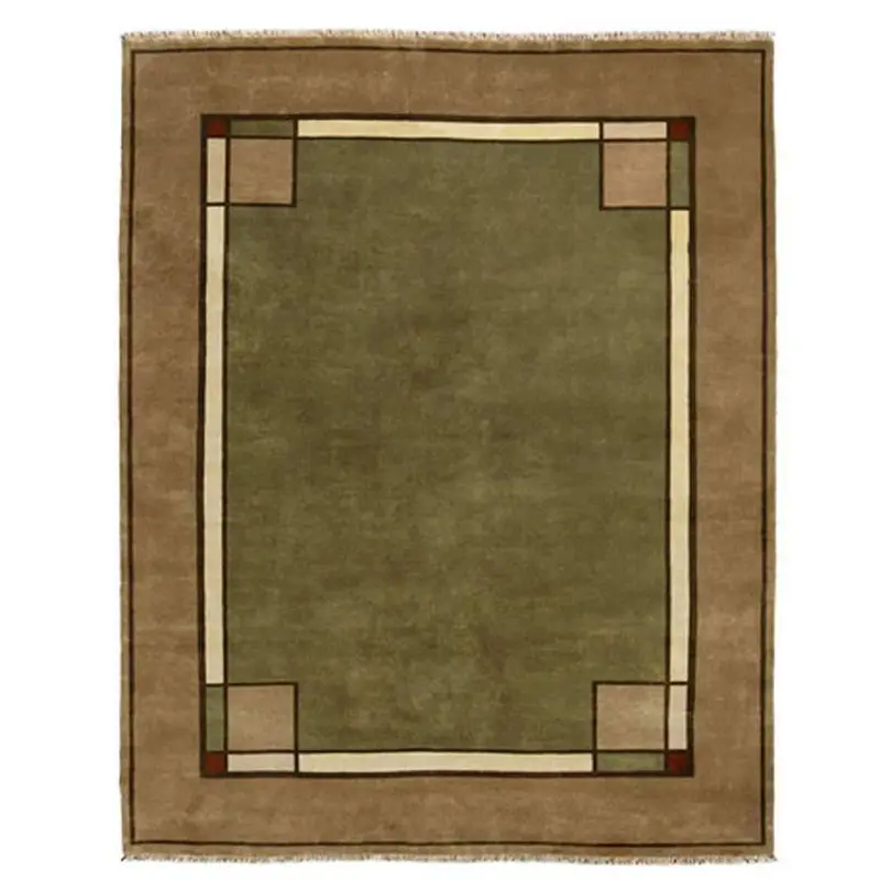 Ginkgo Border Green Hand-Knotted Wool Rug 1