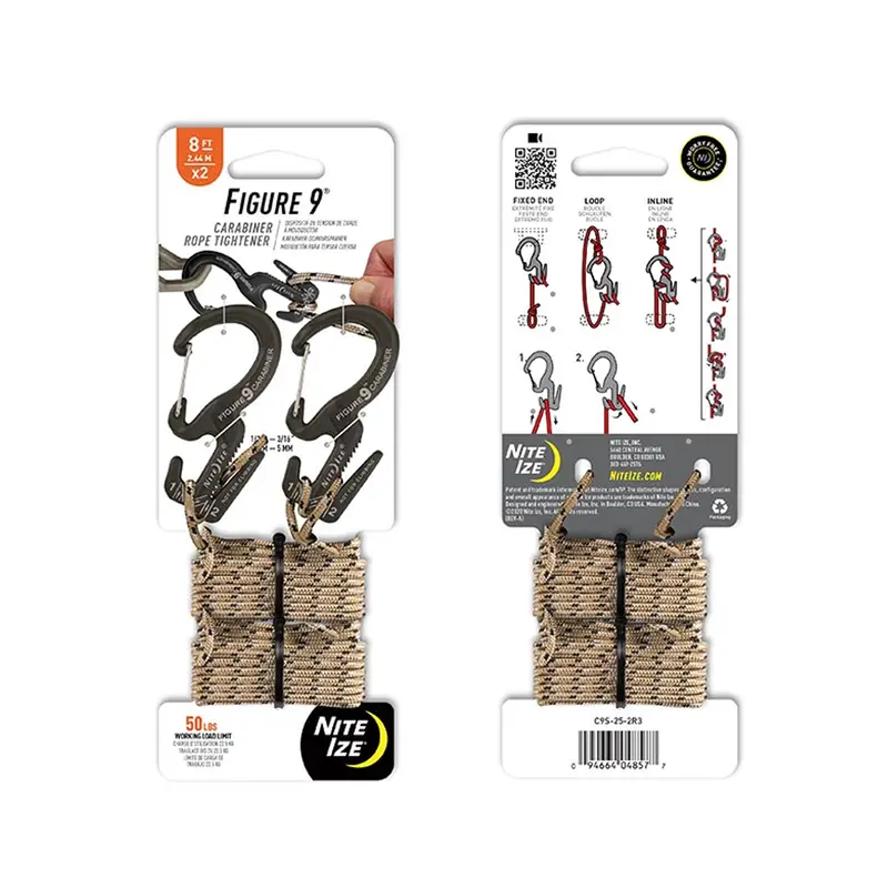 Nite Ize Figure 9 Rope Tightener – Compact Size, 2-Pack With Cord (Black) 1