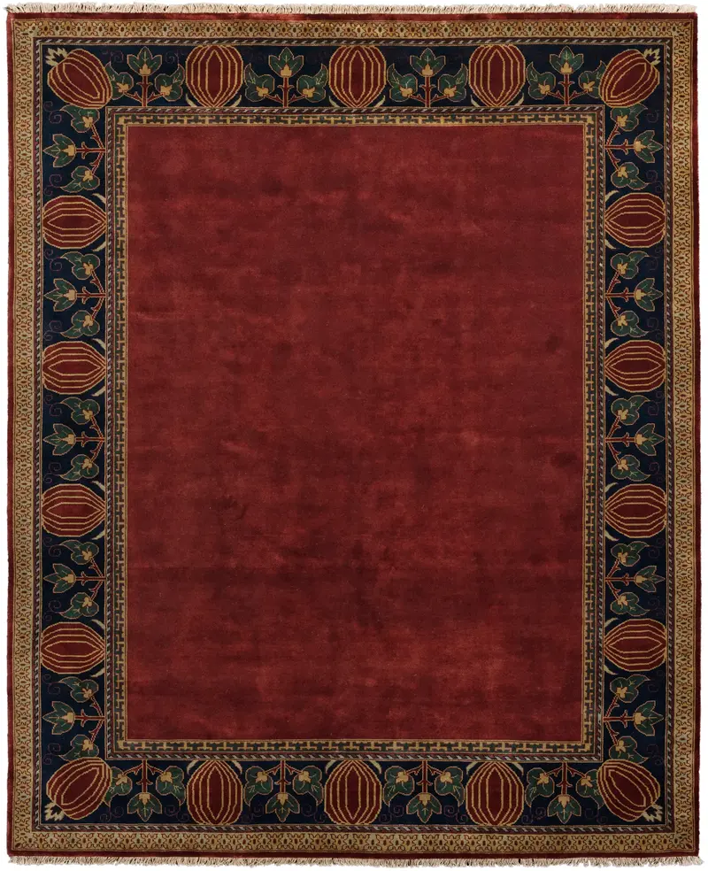 Oak Park Brick Border Hand-Knotted Wool Rug 1