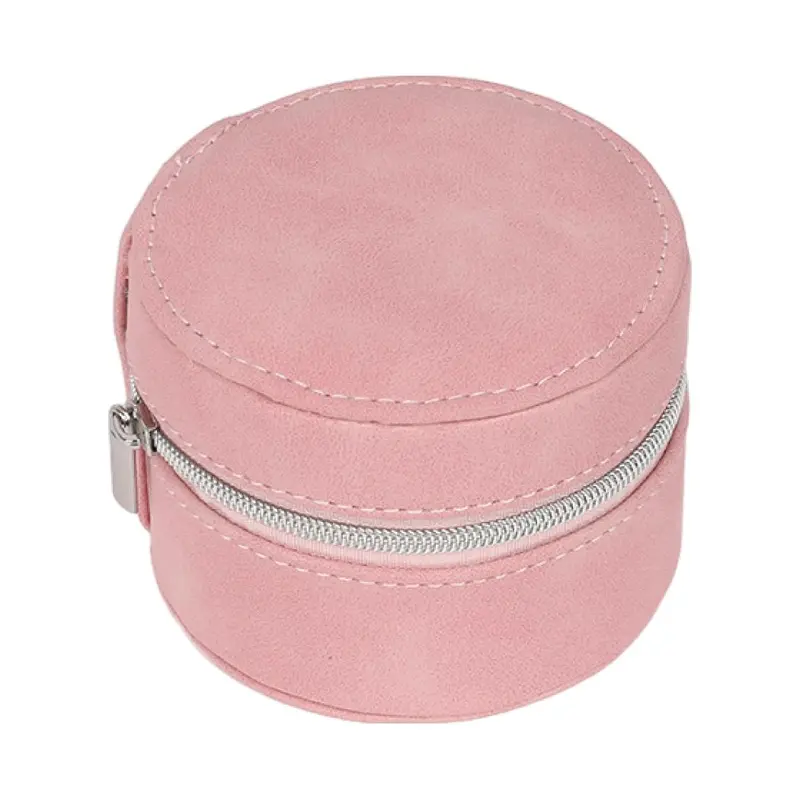 Pink Suede Single-Layer Round Jewelry Case 1