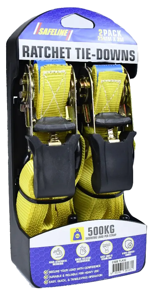 Safeline 25Mm X 3M Ratchet Straps – 500Kg Capacity, 2-Pack Bundle 1