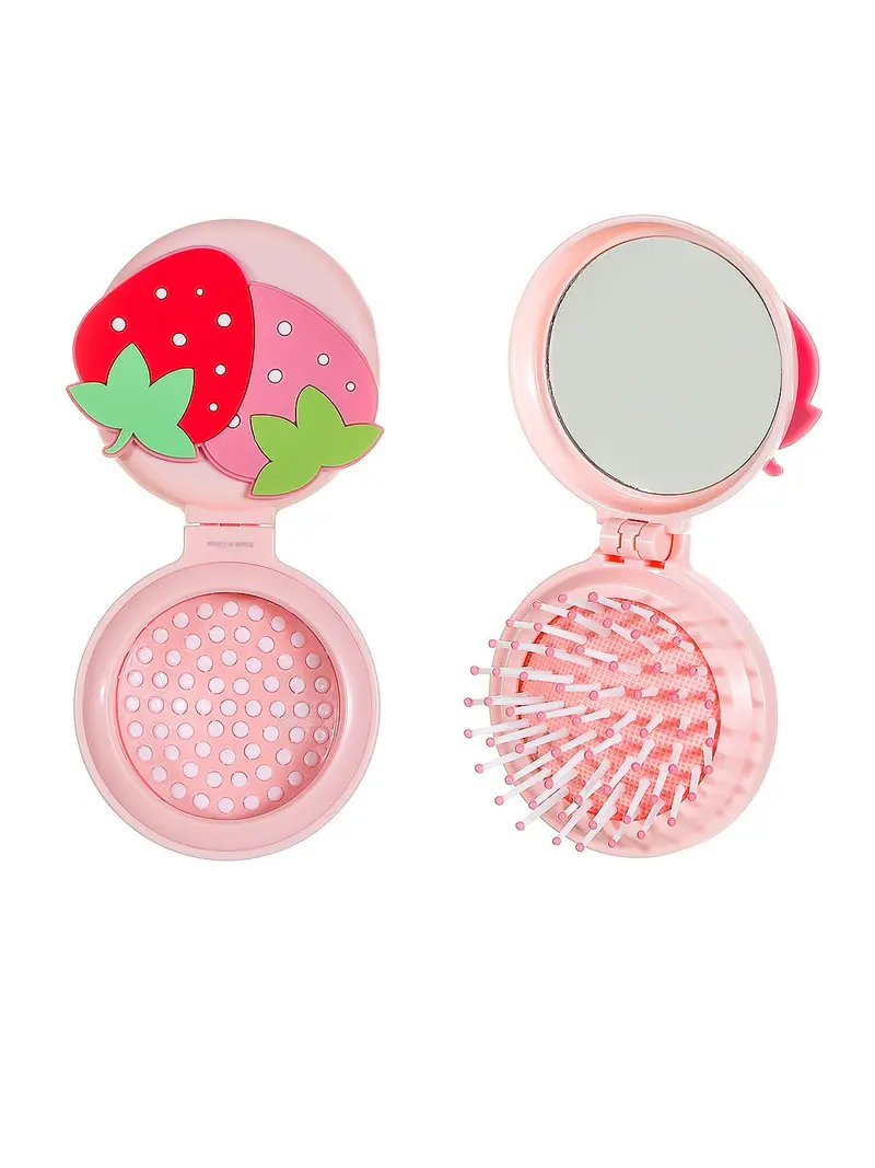 Strawberry-Themed Hair Brush And Compact Mirror Set 1