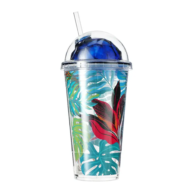 Tropical Forest Monstera Water Bottle With Straw – 450Ml, Blue Lid 1