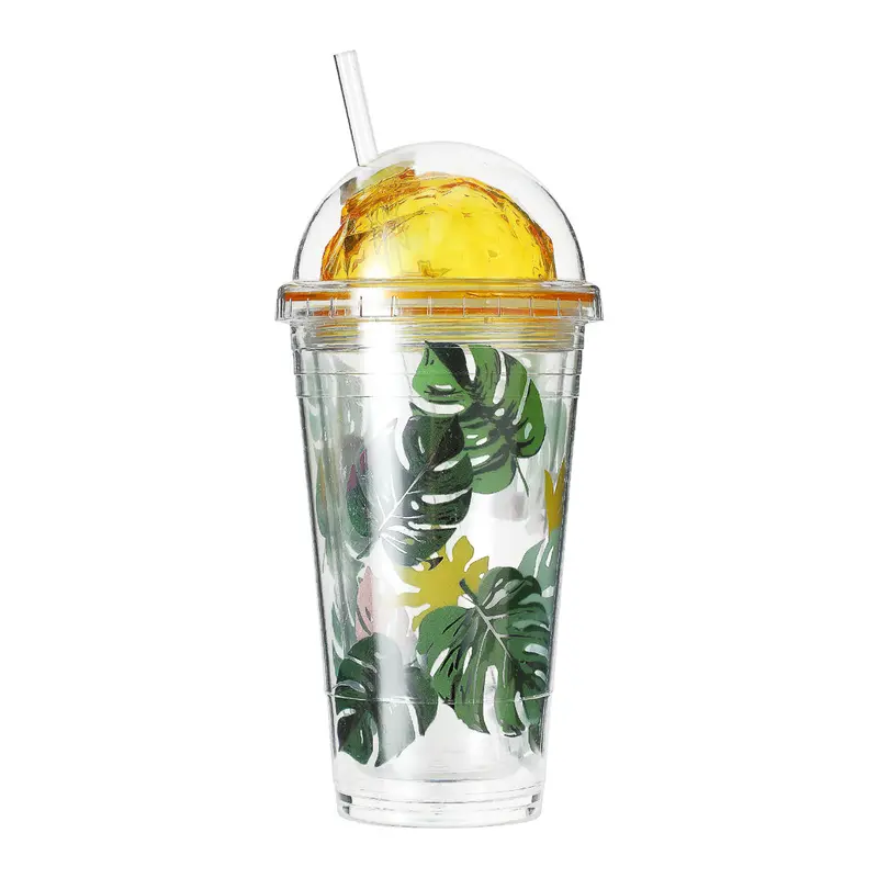 Tropical Forest Monstera Water Bottle With Straw – 450Ml, Yellow Lid 1