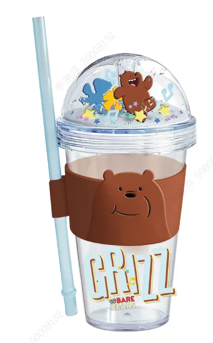 We Bare Bears Seaside Festival Glitter Bottle – 420Ml, Grizz Design With Straw & Sleeve 1