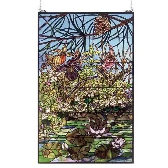 Woodland Lily Pond Stained Glass Art Window 1